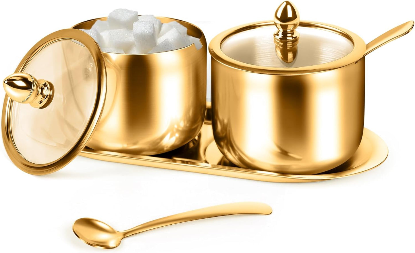2 10 oz holoith Pcs Coffee and Sugar Dispenser with Tray - Sugar Bowl with Glass Lid and Spoon for Coffee Bar