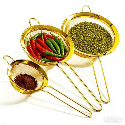 Aunewmei Three-piece Suit Baking SiftersWire ExtraMesh Strainer with Handle Oversized Extended Handle Stainless Steel Sieve Fine Mesh Strainers for Kitchen Rice Juice Quinoa Food Flour Baking(Golden)