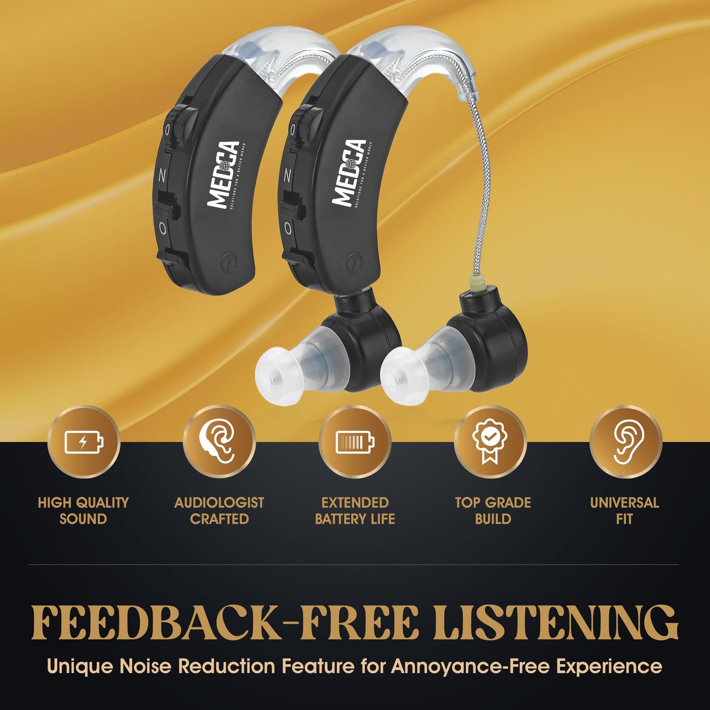 Behind the Ear Sound Amplifier - BTE Hearing Ear Amplification Device and Digital Hearing Aids for Seniors PSAD for the Hard of Hearing, Noise Reducing, Black, By MEDca