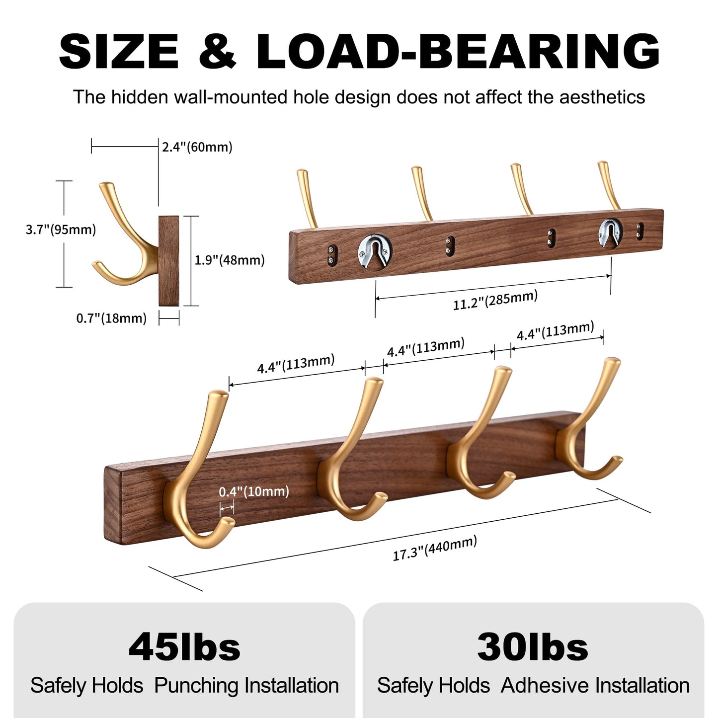 LECHYN 17.3" Small Walnut Wood Coat Rack Wall Mount with 4 Hooks, Heavy Duty Wooden Jacket Hanger Door Mounted for Decorative Entryway Bathroom Hanging Towel Backpack Purse Clothes Hat Key Gold