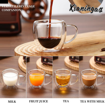 xianingass Double Walled Espresso Cups set of 6, 2.7oz Clear Glass Coffee Mugs, Double-layer Insulated Coffee Cups, Suitable for Espresso, Americano, Tea Bags, Beverage