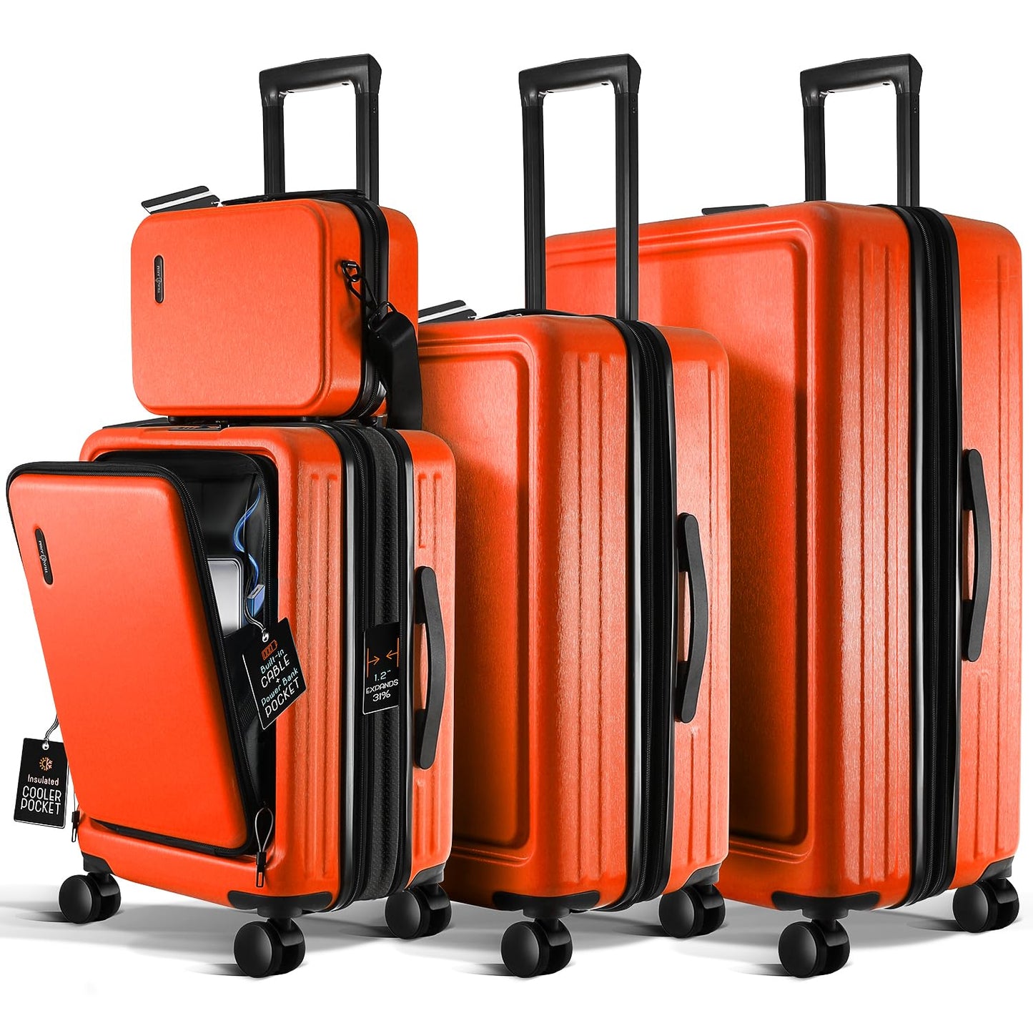 TRAVELARIM Orange Hardshell Luggage Sets 4 Piece, Durable Suitcase Set, Travel Luggage Set with Integrated TSA Lock, 360° Spinner Wheels, Expandable Medium and Large Checked Suitcase, 20/24/28 Inch