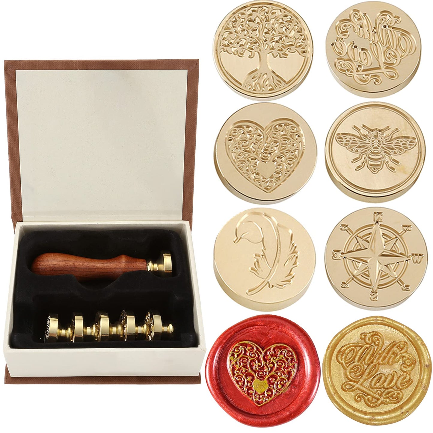 Yoption 6 Pcs Wax Seal Stamp Set, Vintage Tree of Life Bee Heart Compass Feather with Love Sealing Wax Stamps Kit, Wooden Handle with Brass Head for Wedding Invitation Cards Christmas Gift