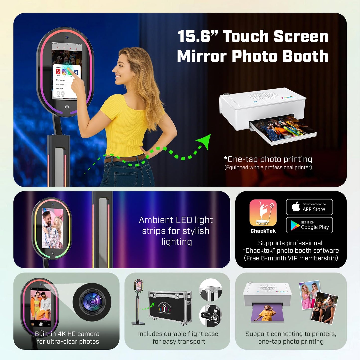MWE Magic Mirror Photo Booth Touch Screen with Printer and 1200W Pixel 4K HD Camera,RGB Surround Light Music Sync,Mirror Video Booth with Software APP Remote Control (16in+Printer) (Black, 16in)