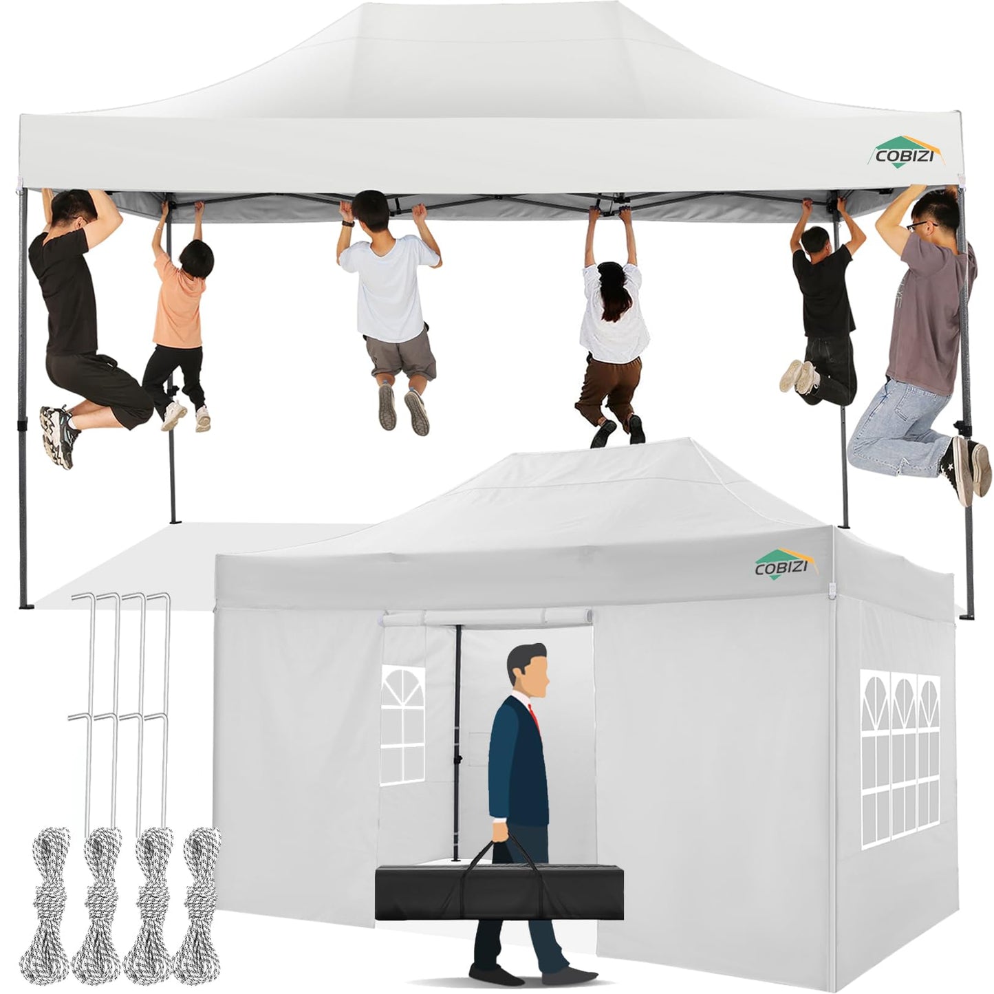 COBIZI 10x15 Pop up Canopy Tent 10x15 Canopy with 4 Sidewalls Waterproof Heavy Duty Commercial for Parties Outdoor Garden Gazebo Tent, Carry Bag(10x15ft, White)
