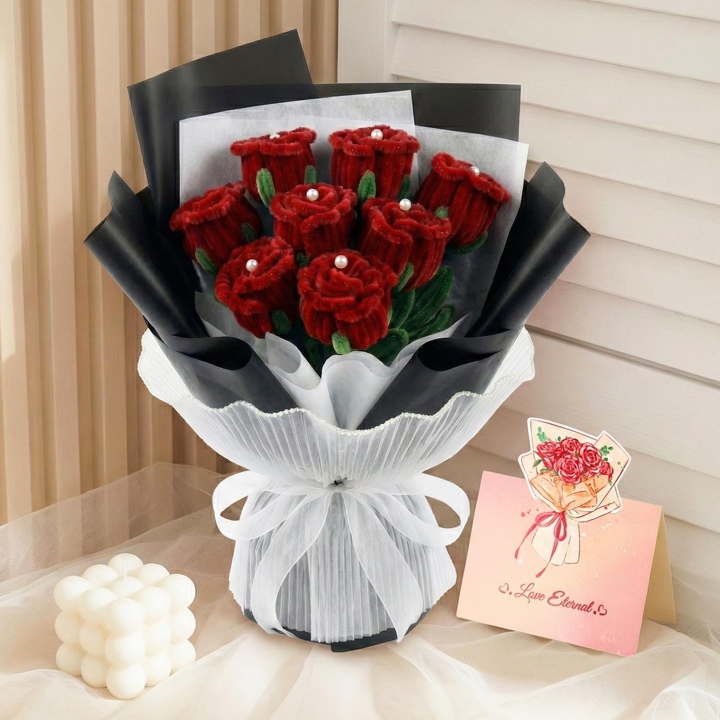 CANEGGG Finished Pipe Cleaner Flower Bouquet, Handmade Knitted 8 Red Rose Bouquet, Gifts for Mom, Birthday Gifts for Women, Forever Rose for Her Grandma Girlfriend on Anniversary Graduation