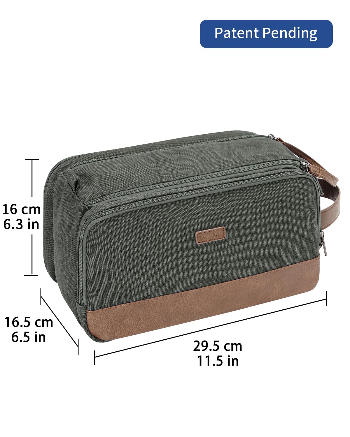 WANDF Toiletry Bag for Men Travel Toiletry Organizer Canvas and Leather Dopp Kit Water-Resistant Shaving Bag for Travel Accessories (Green, Patent Pending)