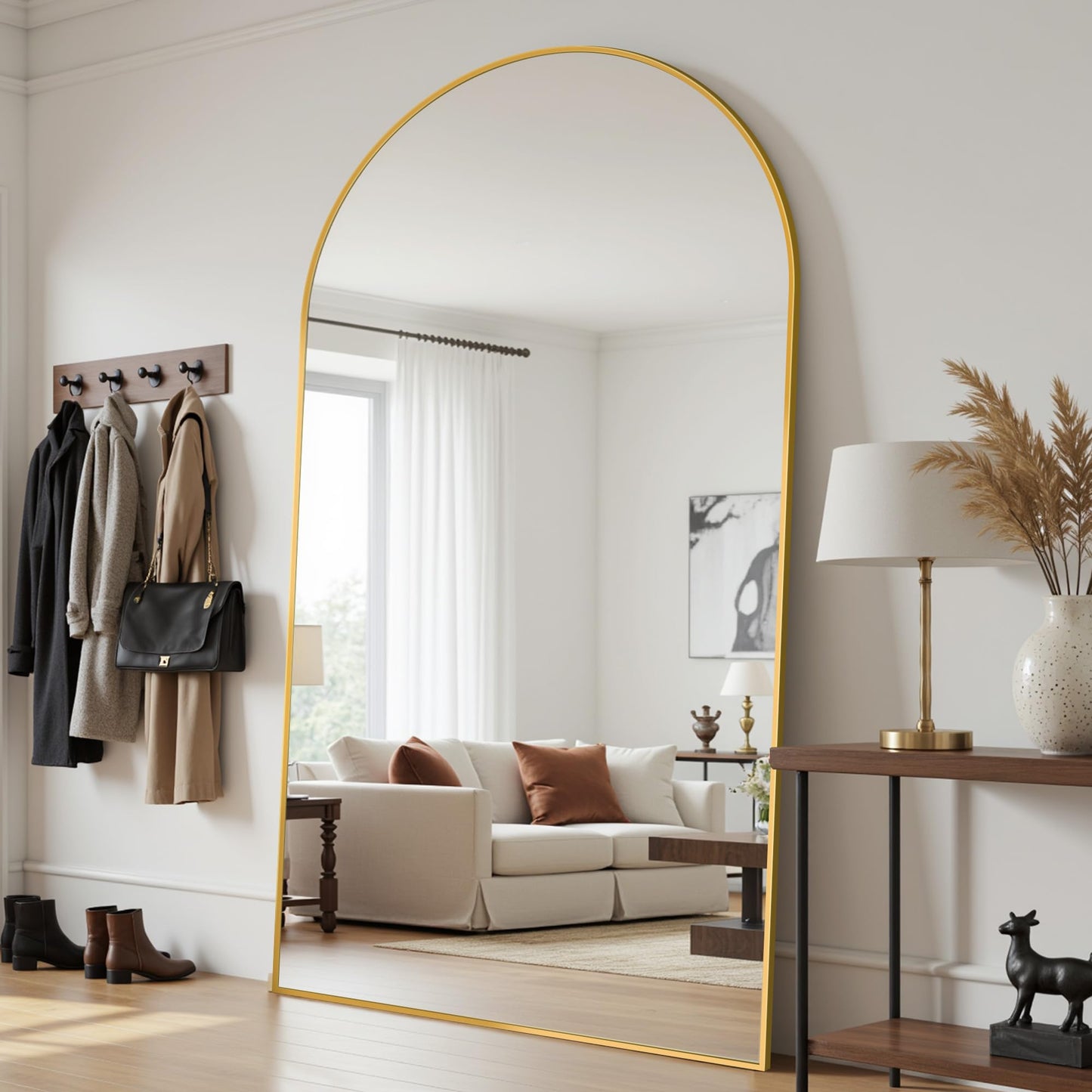 LadyNow Full Length Mirror, 86"x46" Arched Floor Mirror Freestanding, Floor Standing Full Body Mirror with Stand for Bedroom, Hanging Mounted for Living Room Cloakroom, Gold