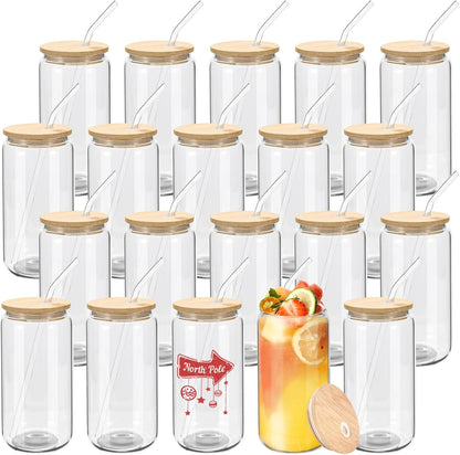 20 Pack 16oz WHEATHUSK Glass Cups with Bamboo Lids and Glass Straws Clear Glass Tumblers Beer Can Shaped Drinking