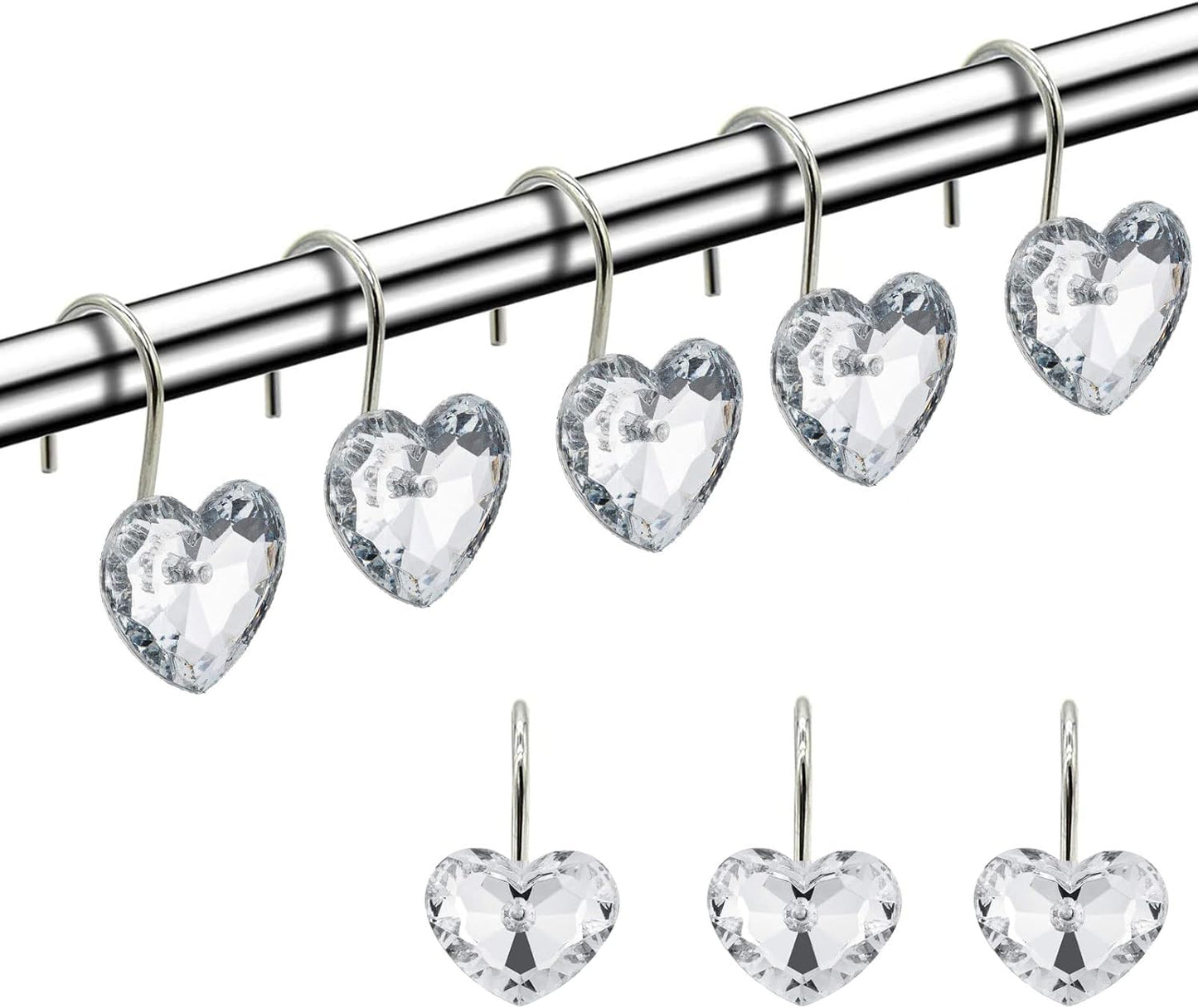 Actpe Decorative Crystal Heart Shape Shower Curtain Hooks, Pack of 12 Rust Resistant Bling Holders