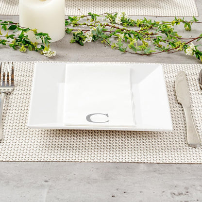 15.8 7.9 Inch 50 Luxenap X Linen-Feel Guest Towels, Lettered Hand Towels - Silver Letter 'C', Sans Serif Font, White