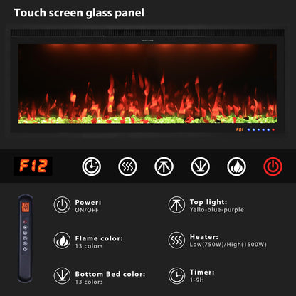 Valuxhome 50 inch Ultra-Thin Electric Fireplace Inserts, Built-in and Wall Mounting, Ultra-Narrow Frame and Lager Screen Vision with 13 Flame x 13 Ember Bed x 3 Top Light Colors, High/Low Temperature
