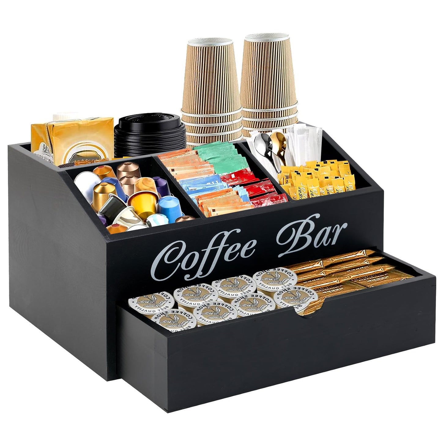 Eastsign Coffee Bar Organizer for Countertop, 2-Tier Wooden Coffee Station Accessories Holder with Dust-Proof Drawer, 5 Storage Compartments for Syrups, Pods, Tea Bags and Cups, Black