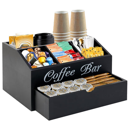Eastsign Coffee Bar Organizer for Countertop, 2-Tier Wooden Coffee Station Accessories Holder with Dust-Proof Drawer, 5 Storage Compartments for Syrups, Pods, Tea Bags and Cups, Black