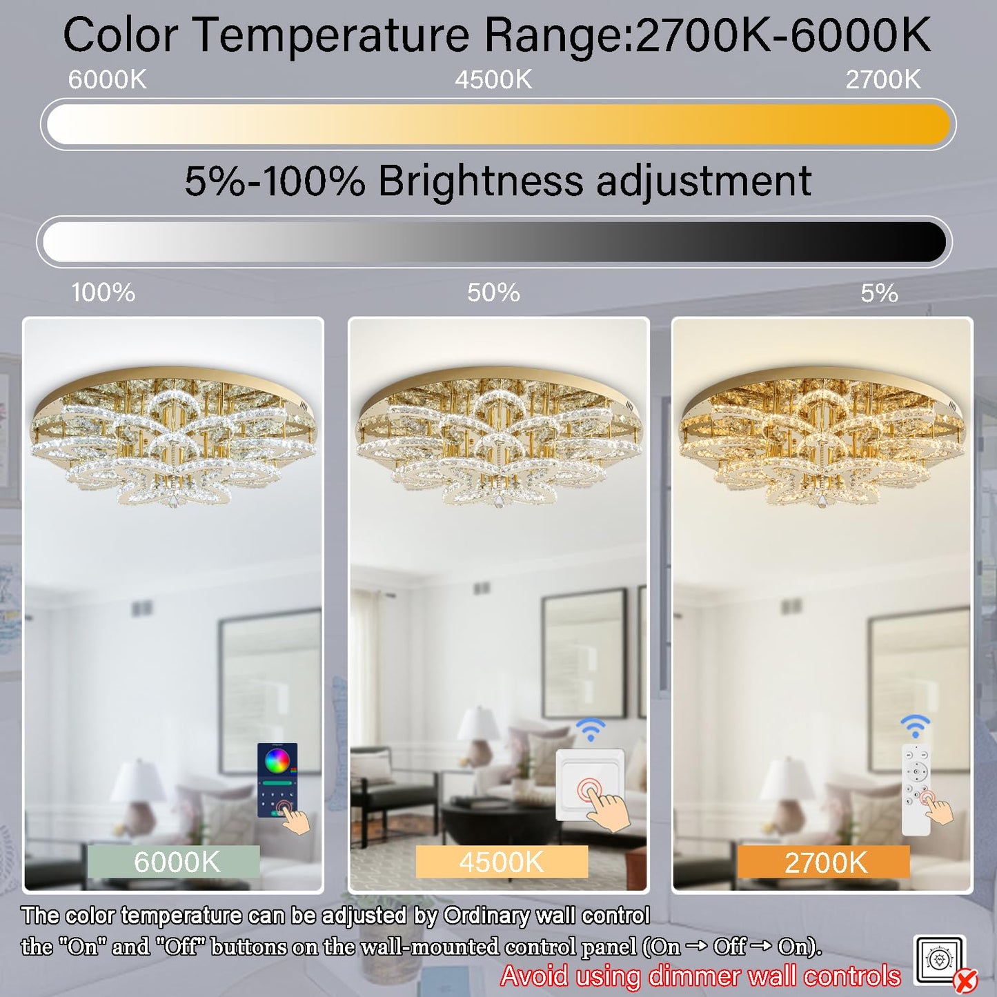 Shial Lighting 40" Modern Crystal Chandelier for Dining Room LED Dimmable Flush Mount Chandeliers Gold Ceiling Chandelier for Living Room Bedrooms