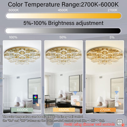 Shial Lighting 40" Modern Crystal Chandelier for Dining Room LED Dimmable Flush Mount Chandeliers Gold Ceiling Chandelier for Living Room Bedrooms