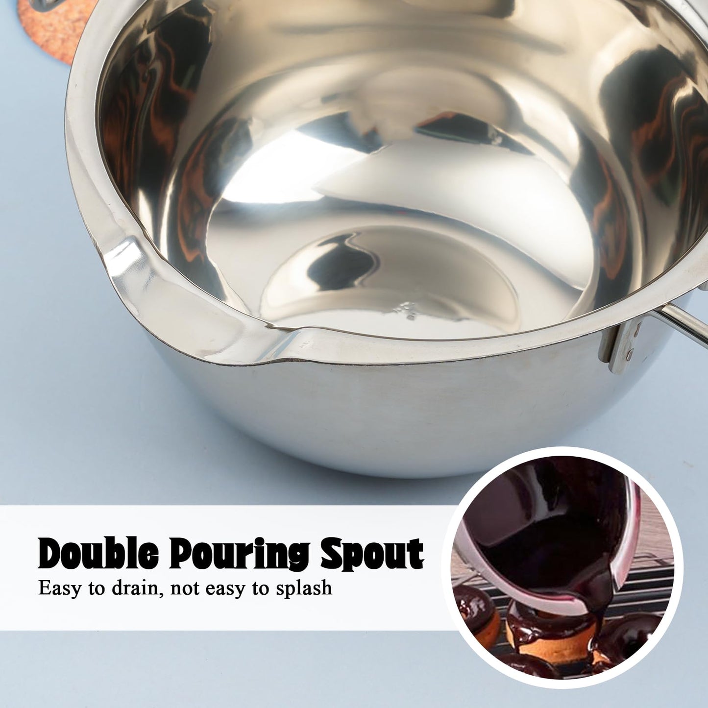 Milkary 2Pcs 600ml/20oz Stainless Steel Double Boiler Pot with 2 Metal Spoon, Chocolate Melting Pot for Melting Chocolate Butter Cheese Candle and Wax Making Kit Double Spouts