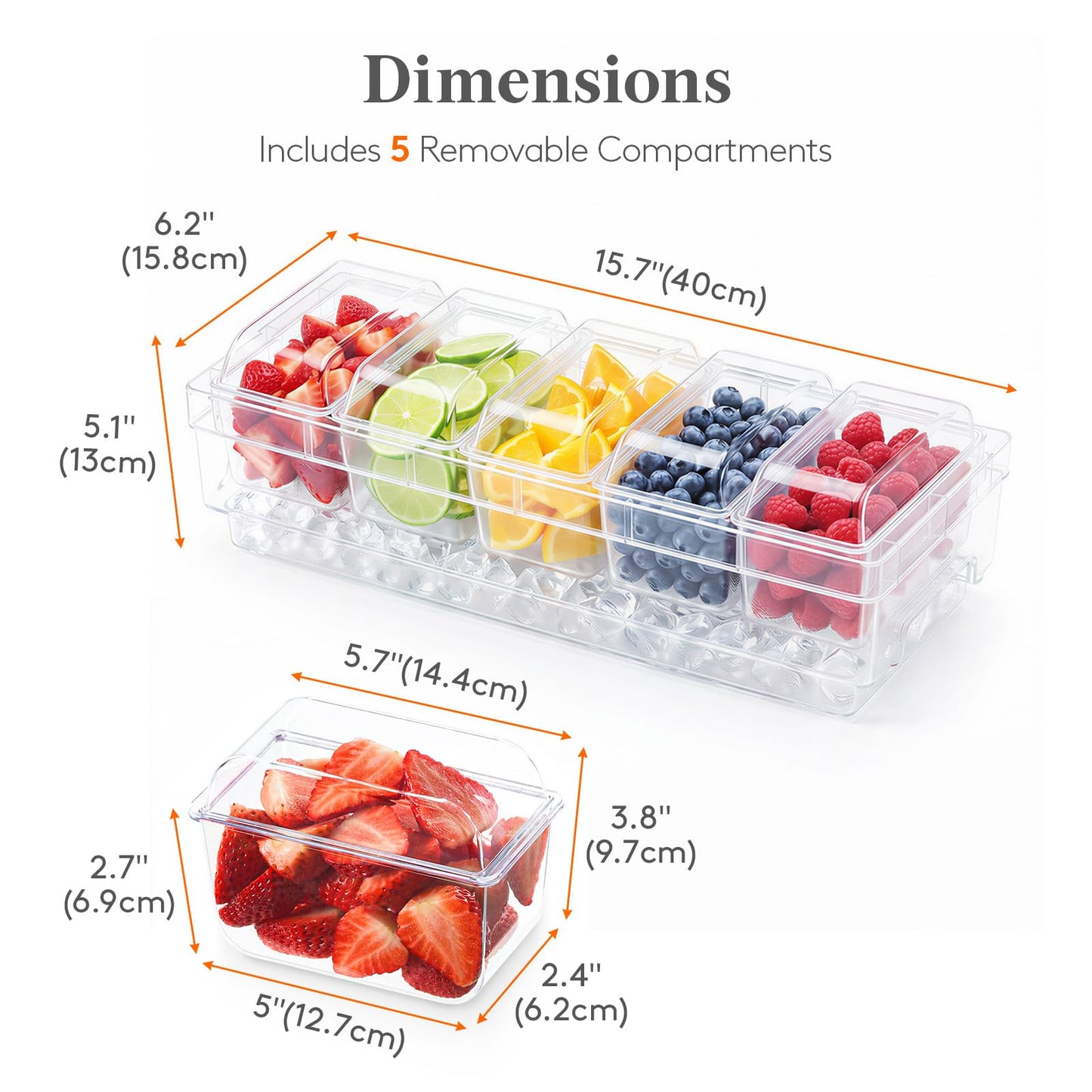 Lifewit Chilled Condiment Containers with Lids, Plastic Taco Bar Serving Set for Party with 5 Containers, Ice Garnish Tray for Mimosa Bar Supplies, Clear Serving Platter for Fruit, Salad, Snack