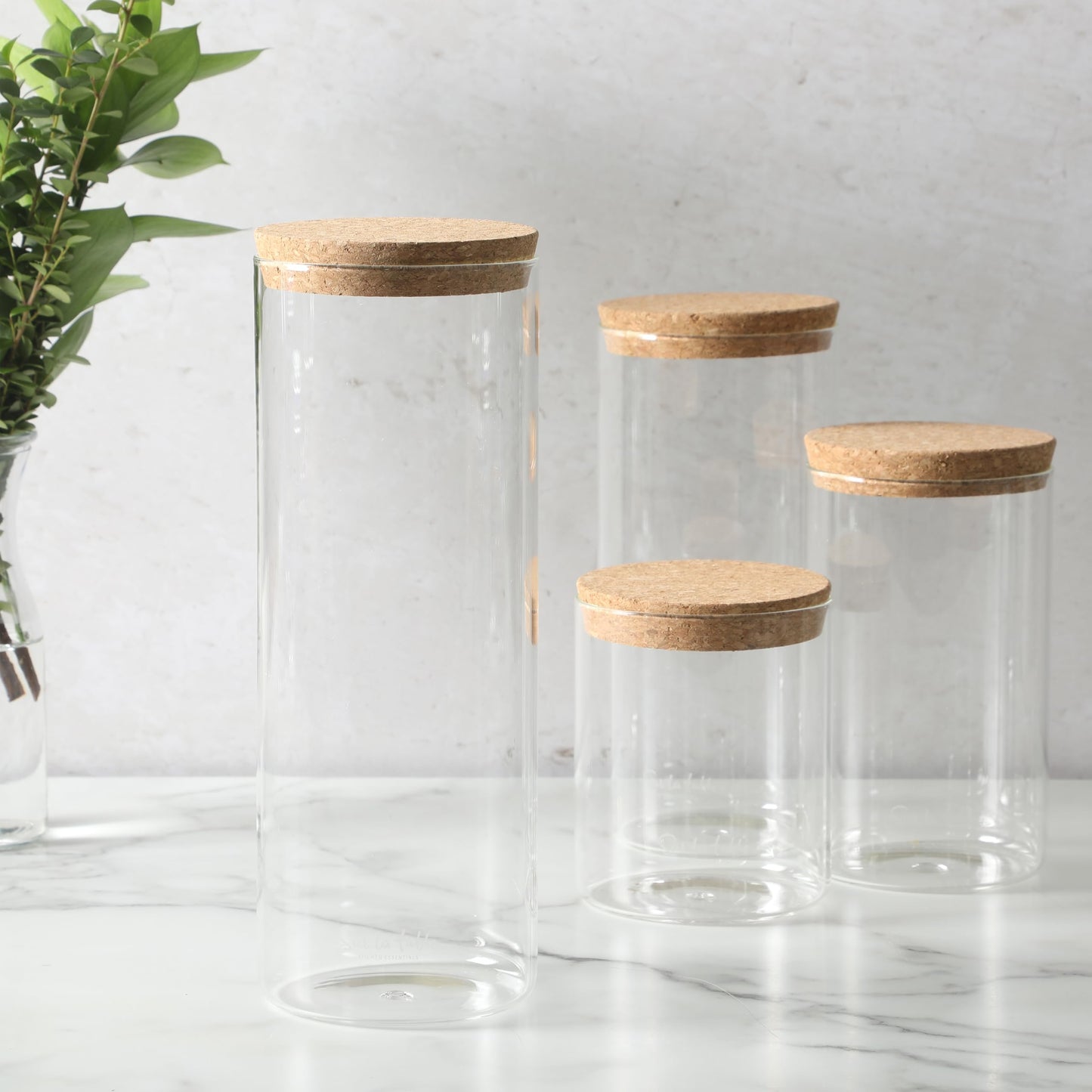 Sur La Table Kitchen Essentials Rue Lumiere 4-Piece Handmade Glass Canister Set with Airtight Cork Lids, Clear – 57 oz, 45 oz, 34 oz & 25 oz, Food Storage Jars, Dishwasher Safe, Pantry Organization