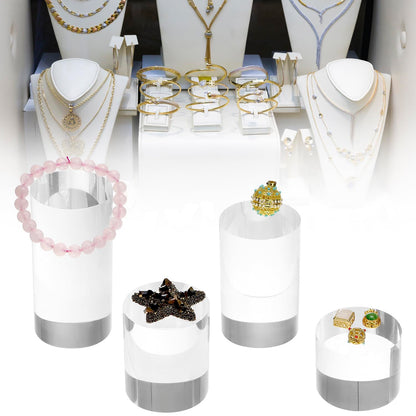 QWORK Acrylic Display Risers - 4-Pack Solid Clear Cylinder Stand Holder for Jewelry, Figures, Perfumes, Small Collectibles - High Transparency & Elegant Design
