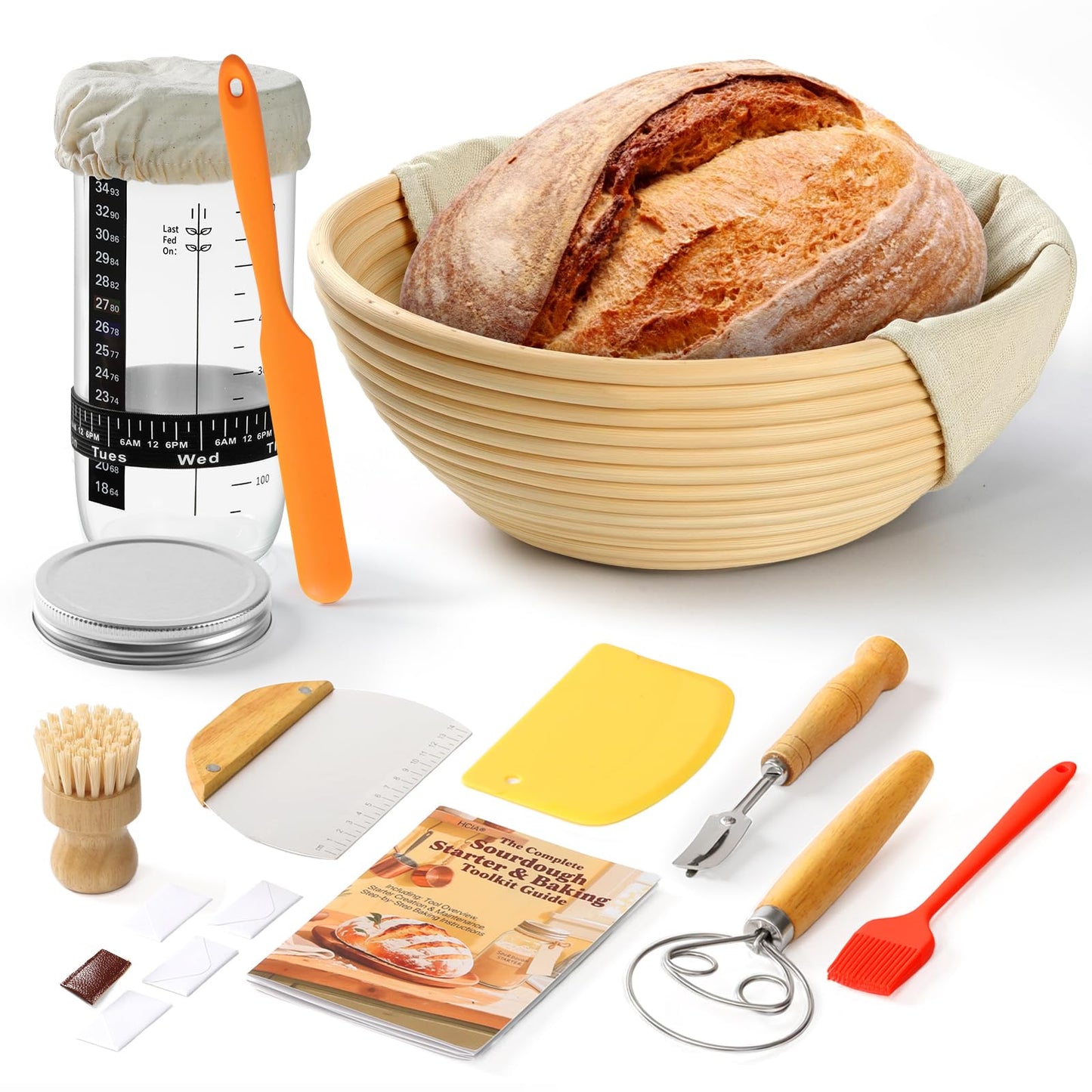Complete Bread Proofing Basket Kit | All-in-One Set with Banneton(9 in), Sourdough Starter Jar Kit, Bread Lame, Dough Scraper, Whisk, Cutter & Tools