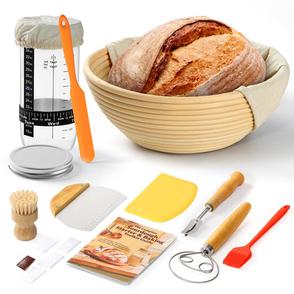 Complete Bread Proofing Basket Kit | All-in-One Set with Banneton(9 in), Sourdough Starter Jar Kit, Bread Lame, Dough Scraper, Whisk, Cutter & Tools