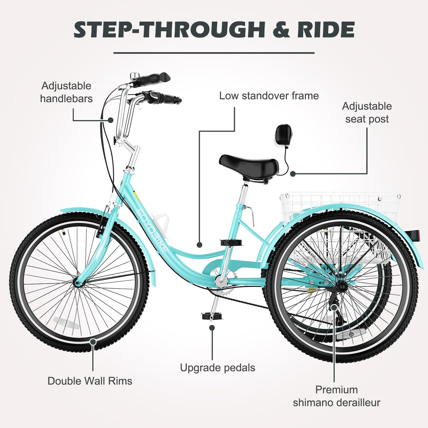 H&ZT Adult Tricycle, 3 Wheeled Bike, Trike Cruiser Bike, with 7-Speed Gear, Parking Brake Handle, Low Step, Large Rear Basket, Elderly Friendly, for Men, Women, and Teens