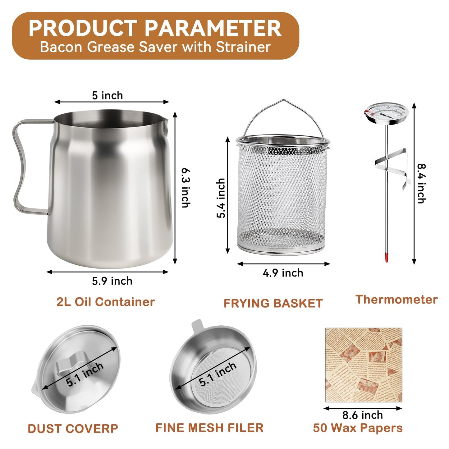 6 PCS 2L Oil Filter Pot Bacon Grease Saver with Strainer,68oz Large Capacity Fryer Pot with Basket,Cooking Thermometer & 50 Wax Papers,Stainless Steel Fryer for Kitchen Camping
