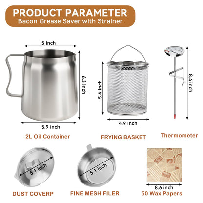 6 PCS 2L Oil Filter Pot Bacon Grease Saver with Strainer,68oz Large Capacity Fryer Pot with Basket,Cooking Thermometer & 50 Wax Papers,Stainless Steel Fryer for Kitchen Camping