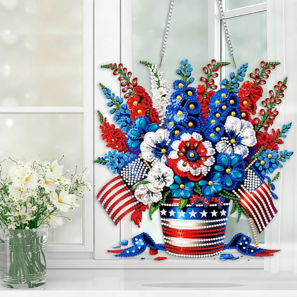 LPDJITO 5D Patriotic Diamond Art Hanging Kits for Adults, Flowers Diamond Painting Flowers Pendant Kits, Special Shape USA Flag Gem Art Suncatcher Ornament for Home Window Wall Decor