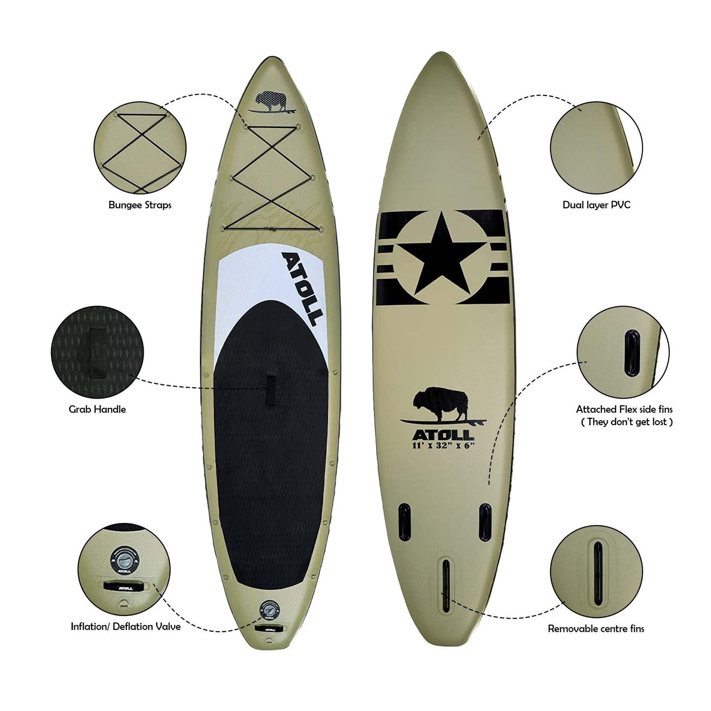 Atoll Inflatable Paddle Board with Premium SUP Stand Up Paddle Board Accessories & Back Pack, Non-Slip Comfort Deck for Unisex Adult - 11ft (Desert Sand)