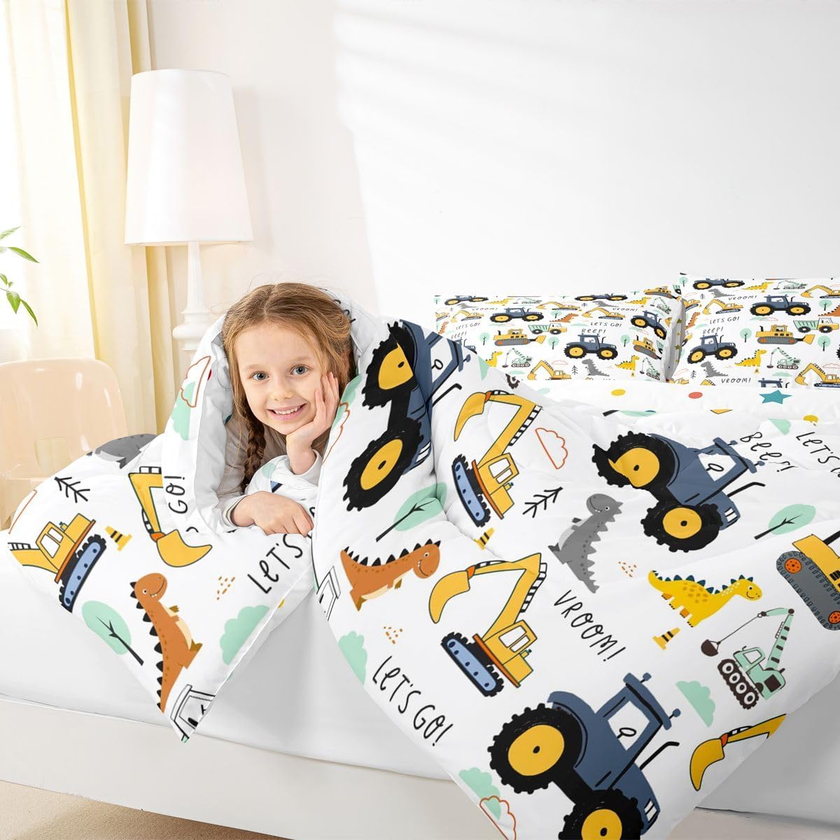 Set Set Kids Excavator Comforter Full, Cartoon Equipment Trucks Bedding for Boys Girls Children, Dinosaur Duvet Insert