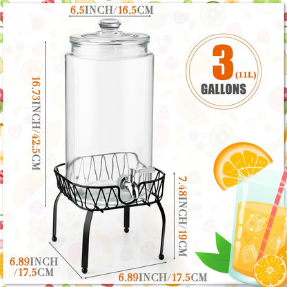 Honeydak 1 Pack 3 Gallon Glass Drink Dispenser for Parties Glass Beverage Dispenser with Stand and Spigot Leakproof Iced Water Storage Lemonade Juice Jar Mason with Lids for Wedding Parties Kitchen