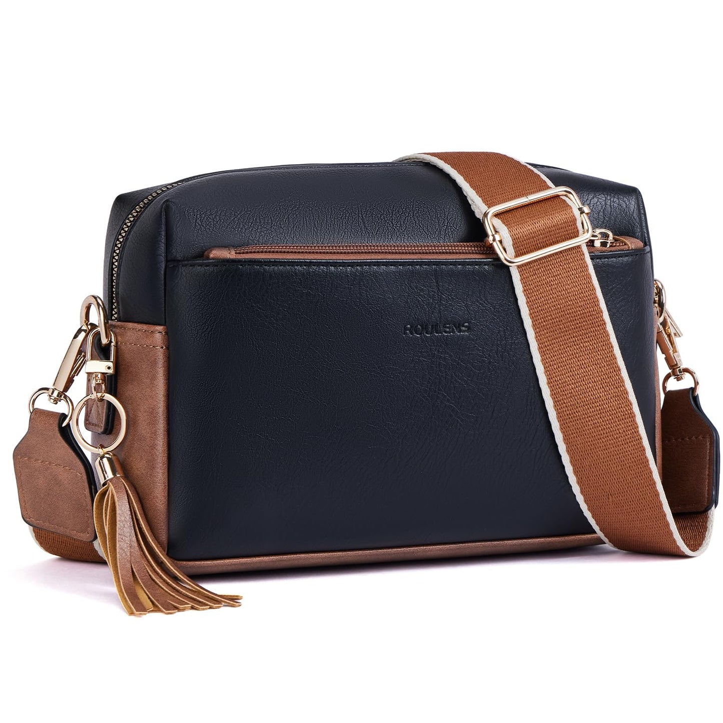 Roulens Triple Zip Small Crossbody Bag for women,Wide Strap Cell Phone Purse Shoulder Handbag Wallet with Credit Card Slots