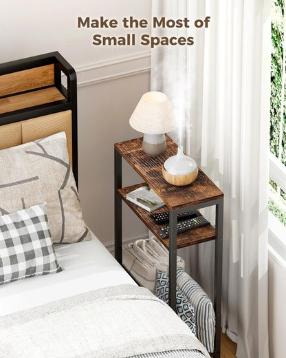 Karii Narrow Side Table, Skinny End Table for Small Spaces with Storage, 3-Tier Slim Wooden Bedside Nightstand Thin Couch Table for Living Room Bedroom Office Dorm Kitchen Bathroom (1, Rustic Brown)