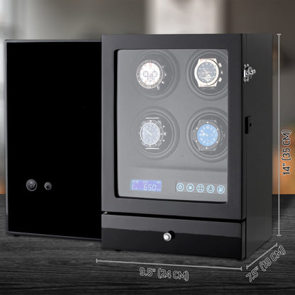 Automatic Watch Winder with LED Light, Storage Drawer and LCD Touchscreen Control (Black + Black)