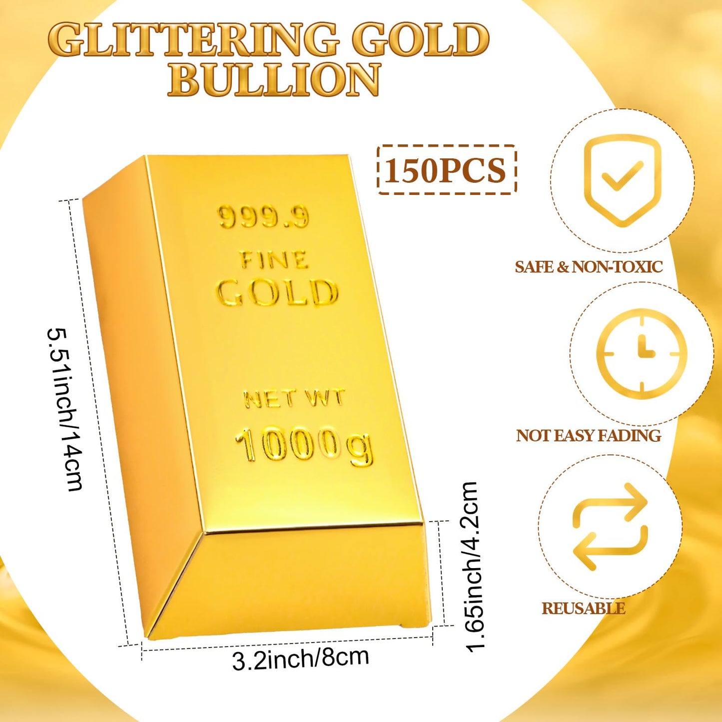 Honoson 150 Pcs Gold Bar Fake Gift Box Foil Gold Bar Party Favor Boxes Paper Golden Favor Boxes Treasure Brick for Pirate Casino Theme Party Decorations Candy Treats Chocolate Toys, 5.5 x 3.2 Inches