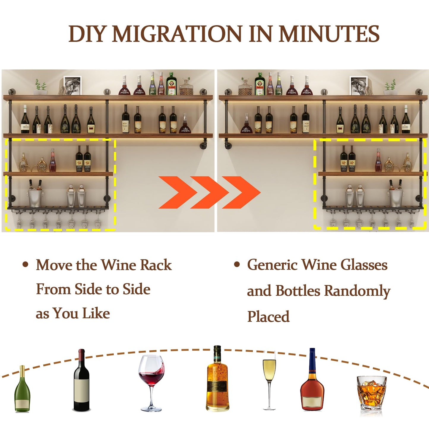 TAUODUYY 59.1in Large Wine Rack with LED Light, 4 Tiers Solid Wood Wall Mounted Wine Rack, Industrial Liquor Bottles Floating Shelves with Glass Holder for Home Bar/Dining Room (59.1in/150cm)