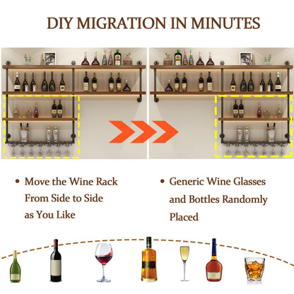 TAUODUYY 59.1in Large Wine Rack with LED Light, 4 Tiers Solid Wood Wall Mounted Wine Rack, Industrial Liquor Bottles Floating Shelves with Glass Holder for Home Bar/Dining Room (59.1in/150cm)