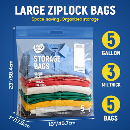 Skiennix Extra Large 5 Gallon Zipper Lock Plastic Bags - Reusable Storage for Travel & Moving, BPA-Free
