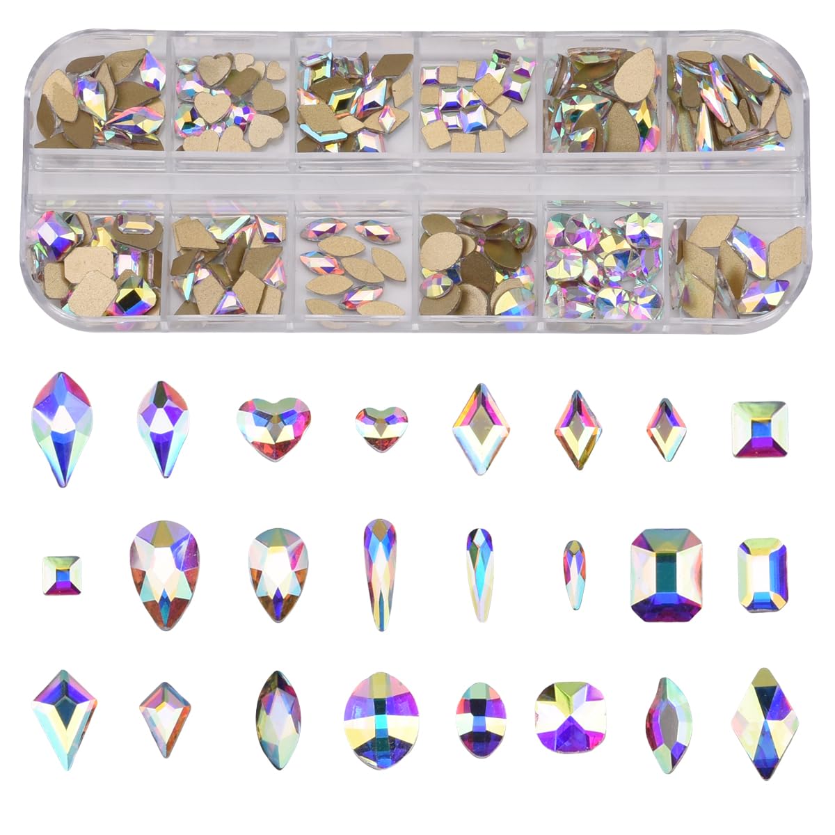 240pcs Popular 12 Styles Flatback Crystals Mix Sizes Multi Shapes Glass Crystal AB Rhinestones for Nail Art Craft 3D Decorations Flat Back Stones Gems Set Box