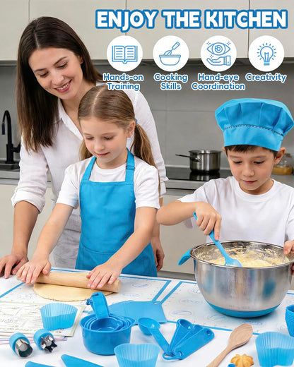 Kids Baking Set–Real Cooking Set for Kids with Kids Cooking Utensils & Kitchen Accessories, Measuring Tools & Baking Supplies,Great Gift for Pretend Play & Montessori Learning (Blue)