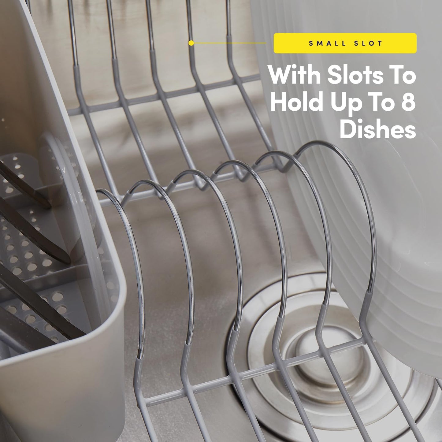 Dish Drying Rack & Cutlery Holder 2 Piece Set - Compact Sink-Fitting Dish Drainer with Rubberized Undercoating, Space-Saving Kitchen Organizer for Plates, Cups, Bowls & Utensils in Sink, Silver