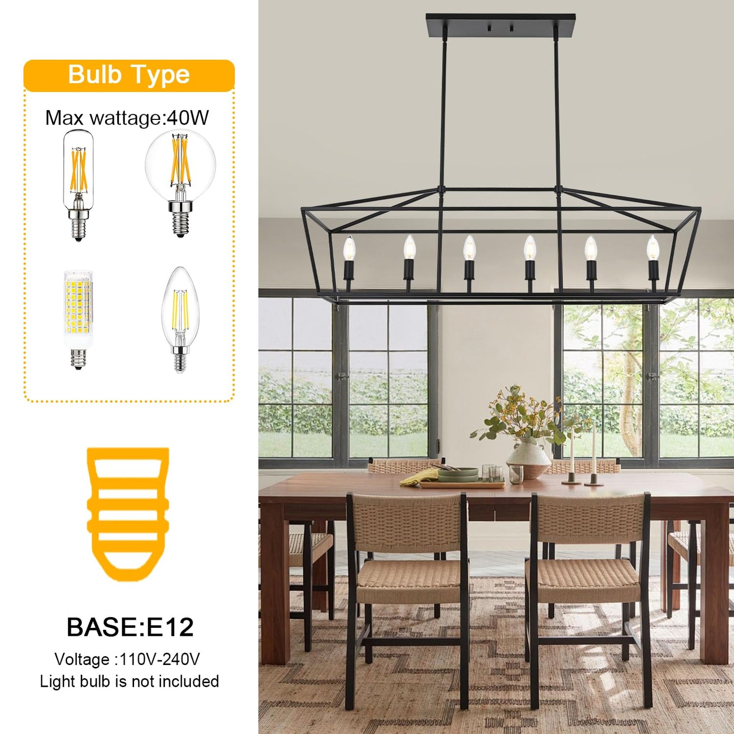 BONLICHT 6 Light Farmhouse Chandelier Black Modern Linear Kitchen Island Lights Industrial Vintage Candle-Style Dining Room Lighting Fixture Hanging Foyer Ceiling Lights with Adjustable Rods,E12 Base