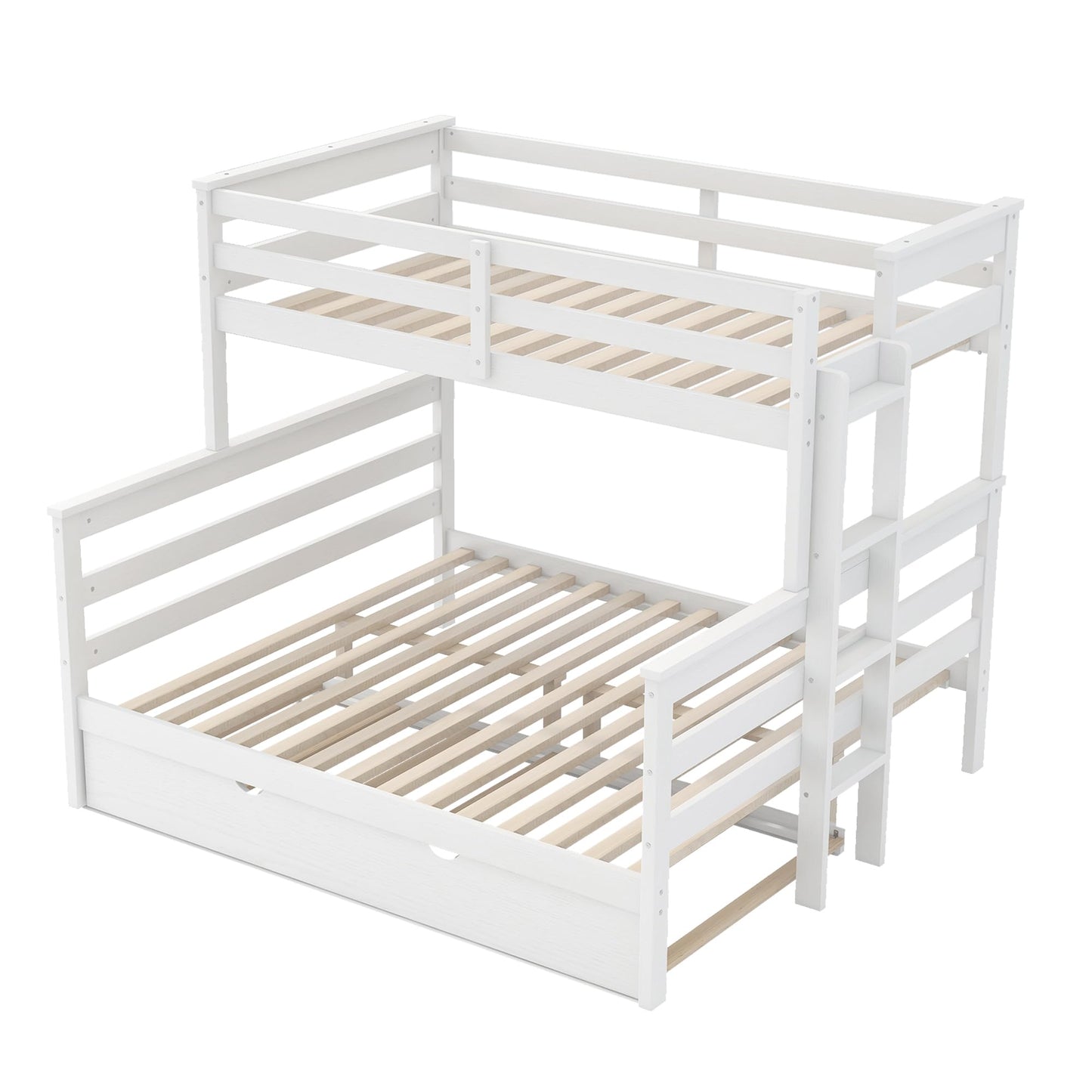 Merax Twin XL Over Queen Bunk Bed Wood Detachable Bunk Bed with Trundle & Ladder, Multifunction Bunk Bed with Full Length Gardrails, No Box Spring Needed,Space Saving,White