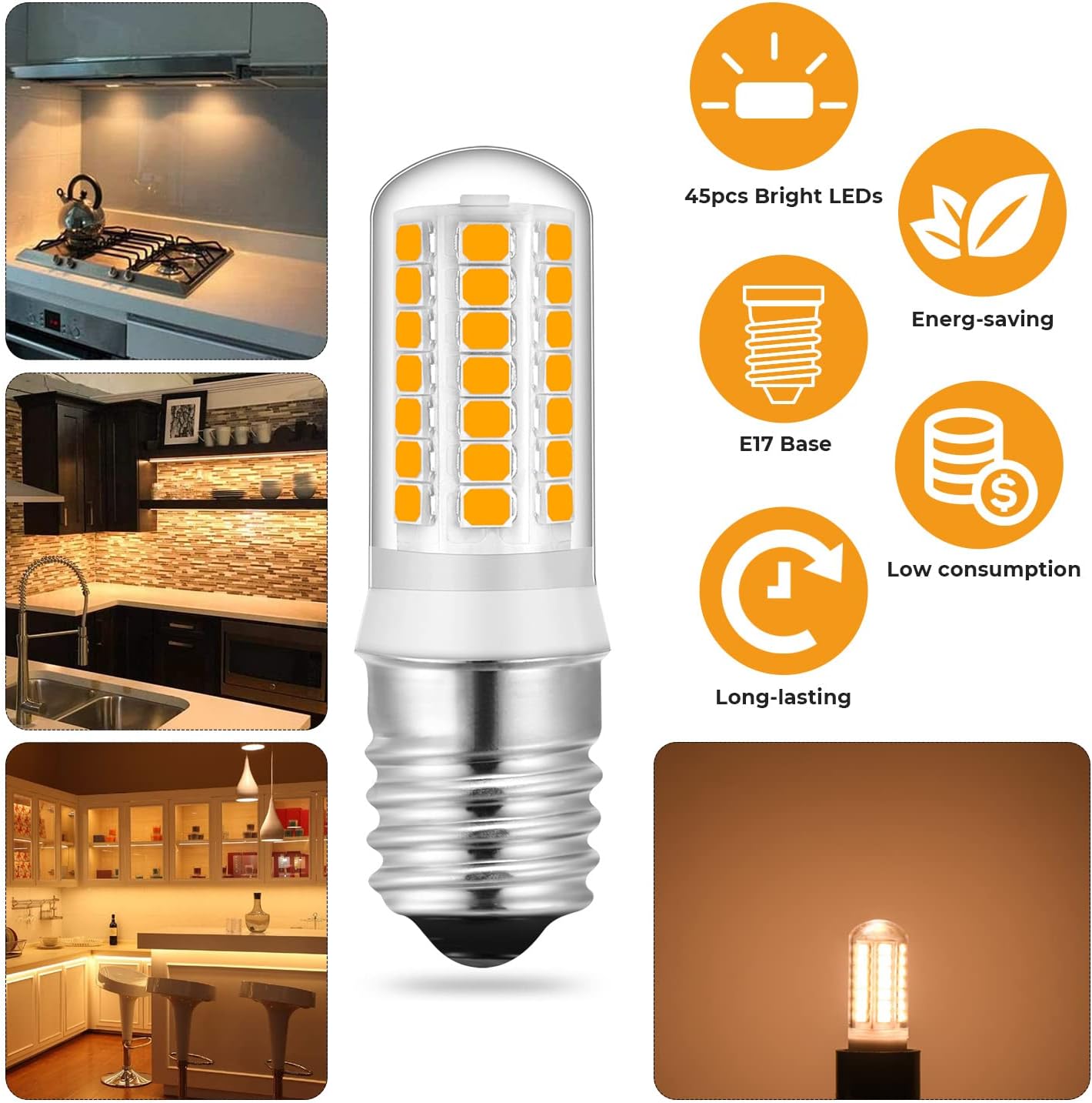 E17 LED Microwave Bulb - Warm White 3000K, 20W 30W 35W Halogen Equivalent Replacement Refrigerator Bulbs, 6 Pack