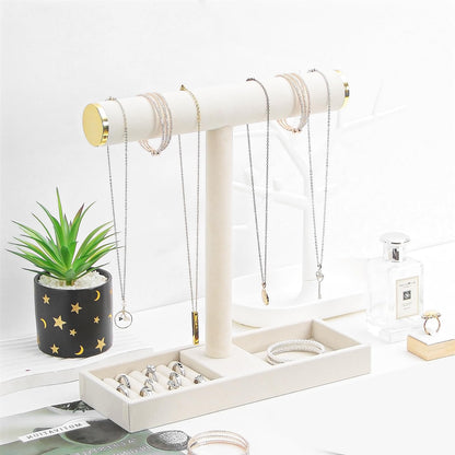 Coward Jewelry Organizer Stand, Velvet Necklace Bracelet Watch Ring Display Holder with Tray, Multi-use Jewelry Display Stand for Women Girls Dresser Nightstand (Beige)