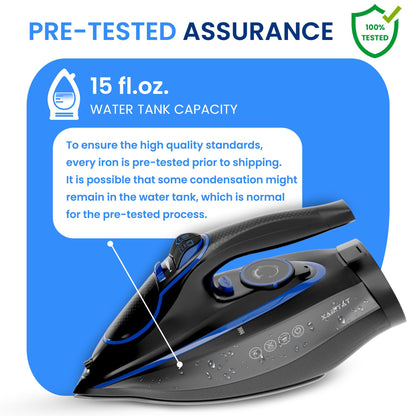 Xabitat Luxury Cordless Iron | 1500W Steam Iron | Anti Drip | Thermal Protection Technology | Nonstick Ceramic Soleplate | 2-in-1 Cord/Cordless (Black + Blue)