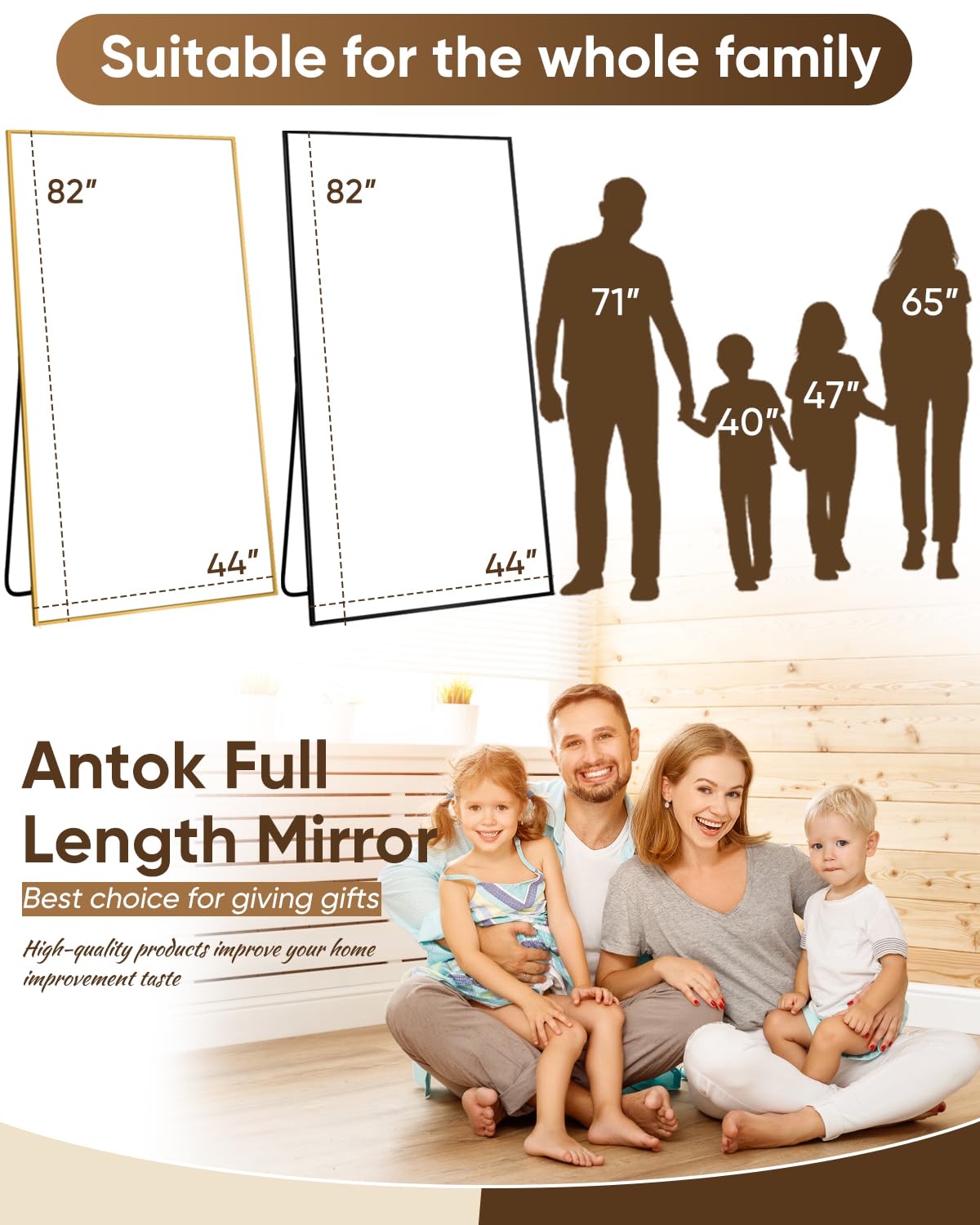 Antok Full Length Mirror, 82"x44" Floor Mirror, Floor Standing Freestanding Full Body Mirror with Stand for Bedroom, Hanging Mounted for Living Room Cloakroom, Black