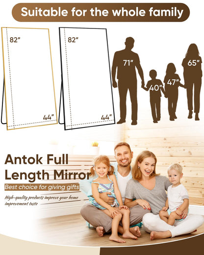 Antok Full Length Mirror, 82"x44" Floor Mirror, Floor Standing Freestanding Full Body Mirror with Stand for Bedroom, Hanging Mounted for Living Room Cloakroom, Black